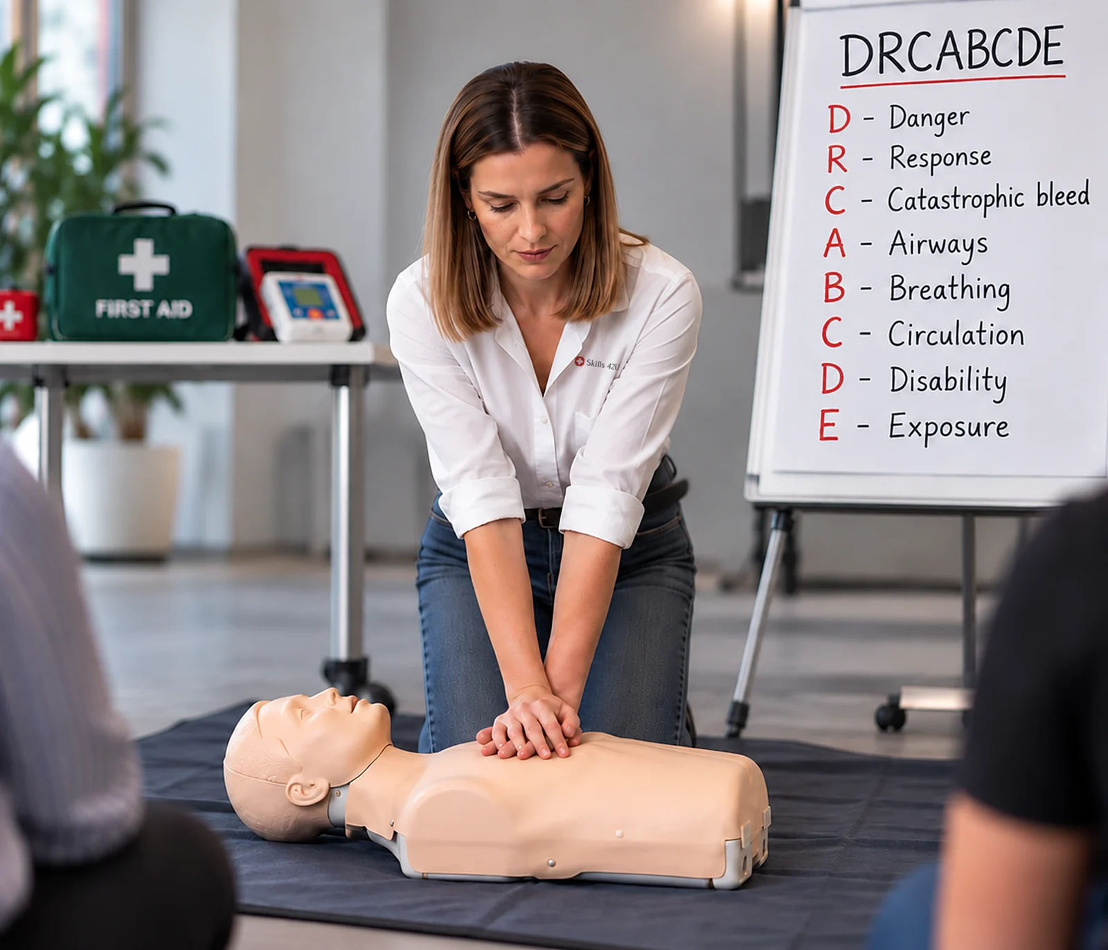 Skills 42U instructor demonstrating chest compressions on a CPR manikin, with the DRCABCDE primary survey on a whiteboard