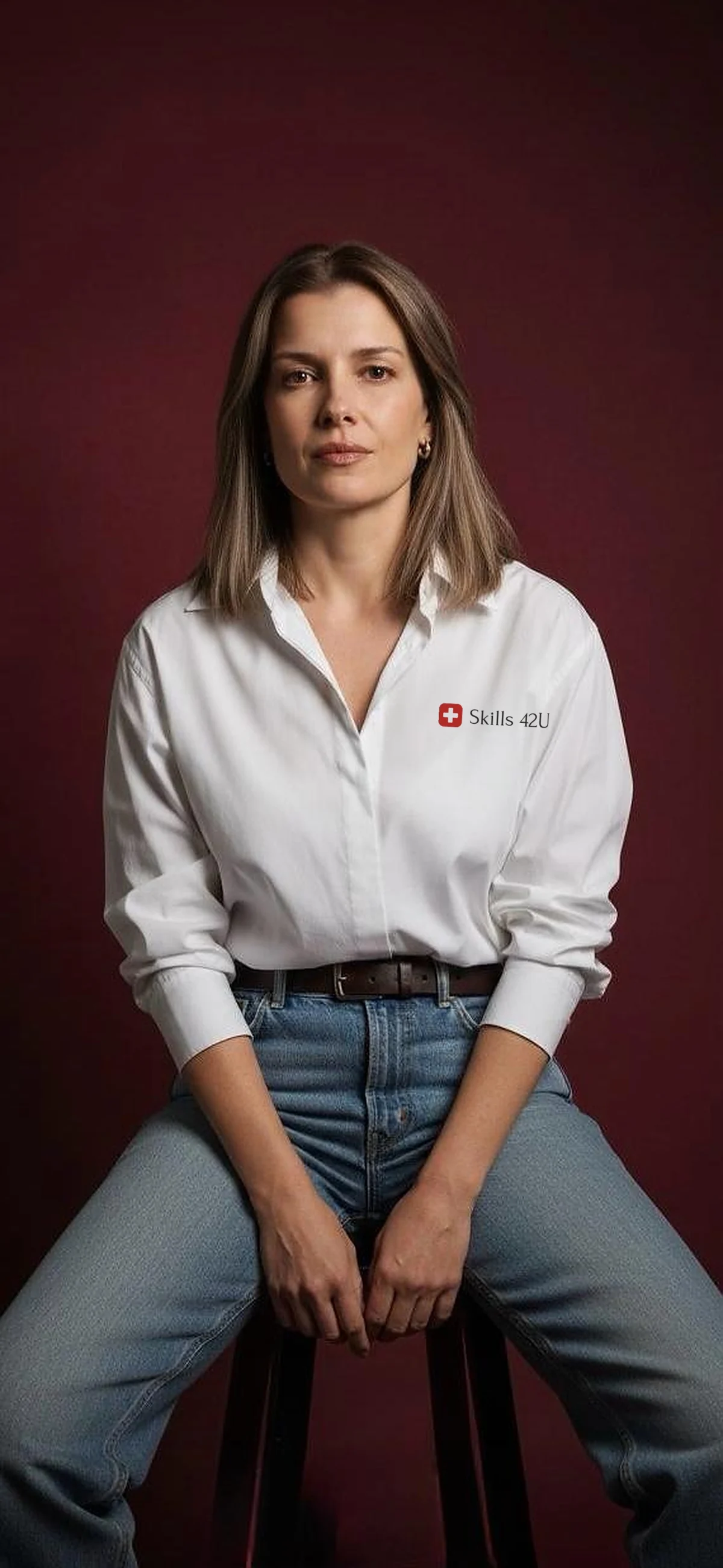 Lenka, founder and instructor at Skills 42U, wearing a Skills 42U branded shirt